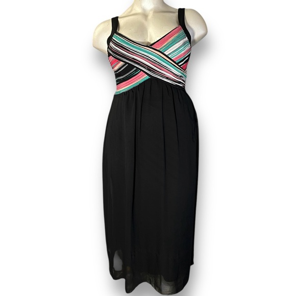 ROBBIE BEE VINTAGE 90s Pastel Rainbow Formal Party Maxi Dress Pink Teal Black 16 - Picture 1 of 8